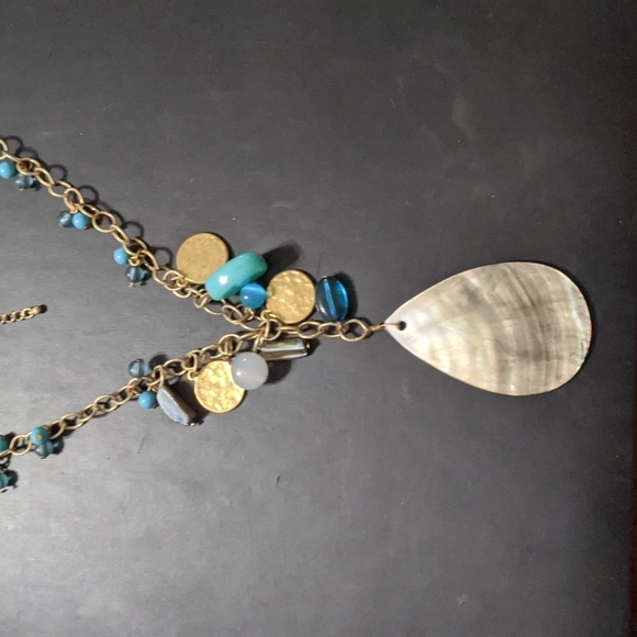 Gold Tone Blue Bead Disc Mother of Pearl Teardrop Long Statement Necklace - Picture 3 of 5